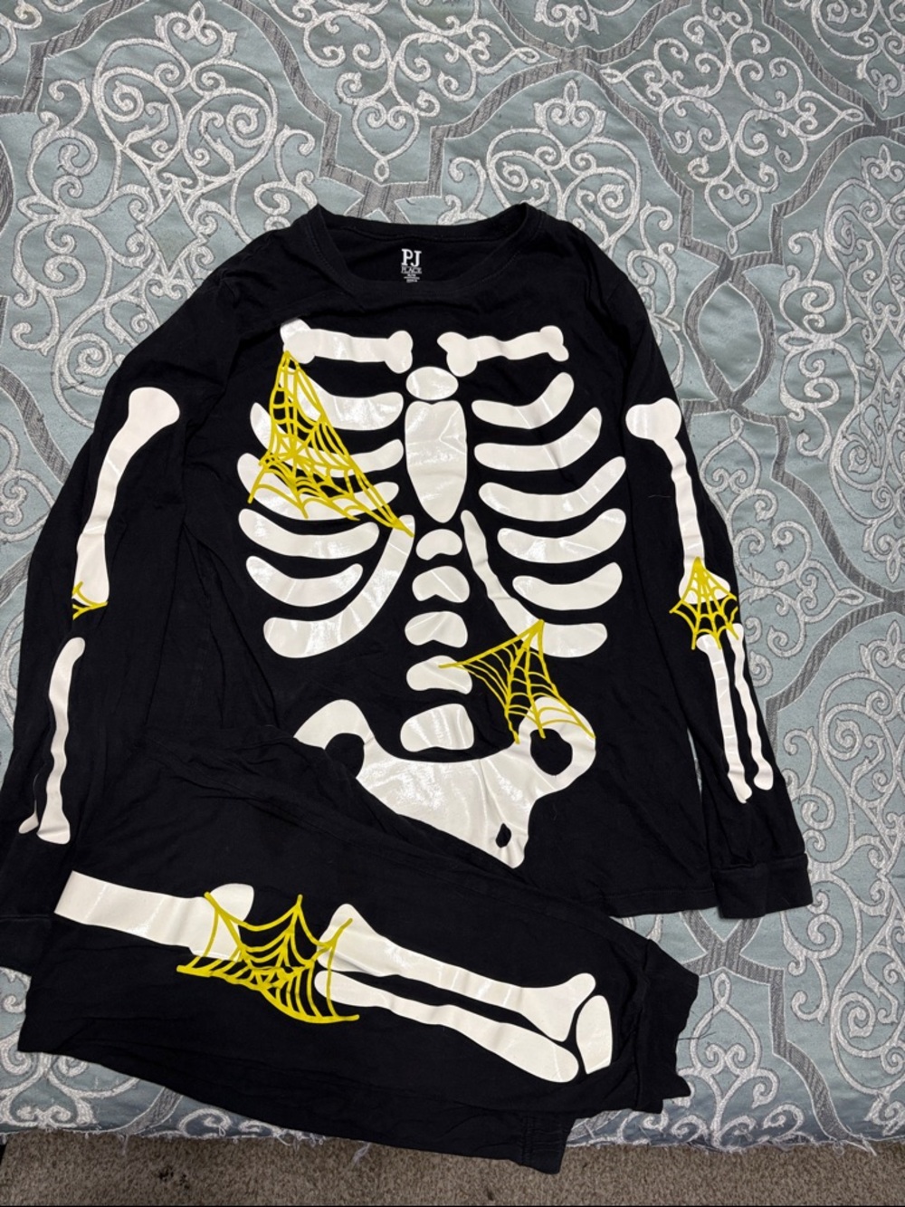 PJ Masks Black Skeleton Print Long-Sleeve Pajama Set with Yellow Web Accents